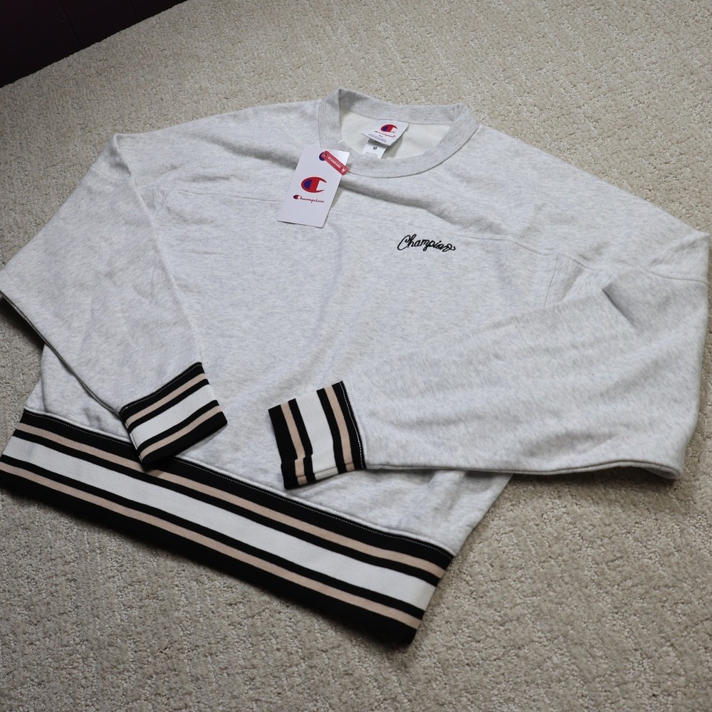 Champion Elective Cropped Crew Sweatshirt Ash Heather Grey Striped Trim M